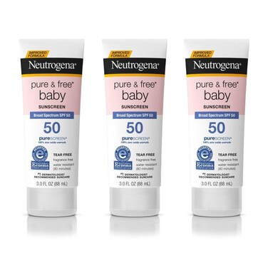 NeutrogenaPure  Free Baby Mineral Sunscreen Lotion with Broad Spectrum SPF 50  Zinc Oxide WaterResistant Hypoallergenic  TearFree Baby Sunscreen ParabenFree DyeFree 3 fl oz Pack of 3