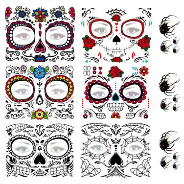 Day of Dead Face Tattoos 6Sheet Sugar Skull Tattoos Temporary Stickers and 3Sheet Fake Floral Black Skeleton Web Full Face Mask Tattoo for Women Girls Kids Holloween Face Makeup