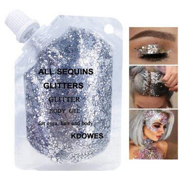 Body Glitter Gel 16 Color Sequins Glitter Gel Easy to ApplyClean Festival Glitter Christmas Makeup for Women Long Lasting Sparkling Suitable for Body Face Hair Eyes Silver Chunky Glitter