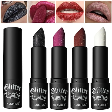 4 Pcs Diamond Matte Lipstick Set Long Lasting  NonStick Cup High Pigmented Glitter Metallic Lips Makeup Vampire Red Lipstick Black Lipstick for Women for Party Cosplay Halloween Makeup