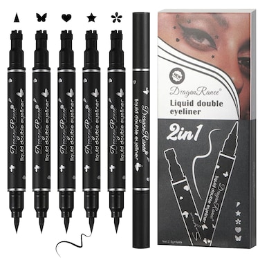 5PCS Black Liquid Eyeliner Stamps SetDoubleside Winged Eyeliner Stencil PenWaterproof Long Lasting Eye Liners Stamp Eyeliner Pencil Tattoo Makeup Tools with HeartFlowerStarButterflyCone Shapes