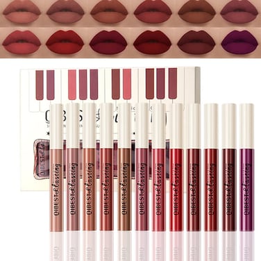 12Pcs Matte Liquid Lipstick Set Dark Bright Red 24hour Lip Gloss Kit LongLasting Waterproof Lip Stain NonStick Cup Not Lipgloss Set for Women