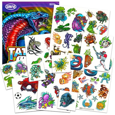 Assorted Tattoos for Kids Boys  50 Temporary Tattoos Featuring Shark Bug Dinosaur Dragon Sports Pirate Robot Alien Animal Designs Kids Body Stickers Pack