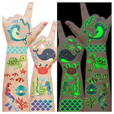 Cerlaza145 Styles Glow Temporary Tattoos for Kids Girls Boys Luminous Underwater Birthday Party Decorations Under Sea Ocean Beach Pool Party Supplies Favors Sea Animals Tattoo Stickers