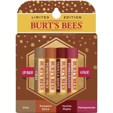 Burts Bees 100 Natural Moisturizing Lip Balm Winter Variety Pack Chai Tea Pumpkin Spice Vanilla Maple Pomegranate 4 Tubes of Lip Balm 015 Ounce Pack of 4