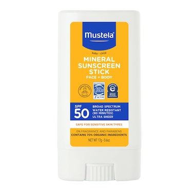 MustelaBaby Mineral Sunscreen Stick SPF 50 Broad Spectrum  Face  Body Sun Stick with 70 Organic Ingredients  Ultra Sheer Water Resistant  FragranceFree  06 oz Pack of 1