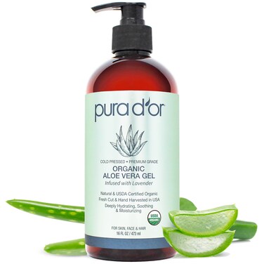 PURA DOR 16 Oz ORGANIC Aloe Vera Gel  Lavender  All Natural  ZERO Artificial Preservatives  Deeply Hydrating  Moisturizing  Sunburn Bug Bites Rashes Small Cuts Eczema Relief  Skin  Hair