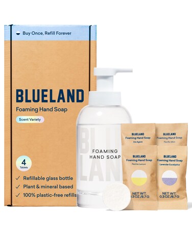 BLUELAND Hand Soap Starter Set  1 Refillable Glass Foaming Hand Soap Container  4 Tablets Refills Variety Scents EcoFriendly Products  Cleaning Supplies4 x 9 Fl oz Bottles 36 Fl oz Total