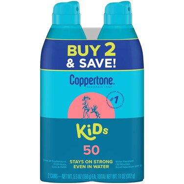 Coppertone Sunscreen Spray SPF 50 Broad Spectrum Water Resistant for Kids 1 Pediatrician Recommended Brand 55 Ounce Pack of 2