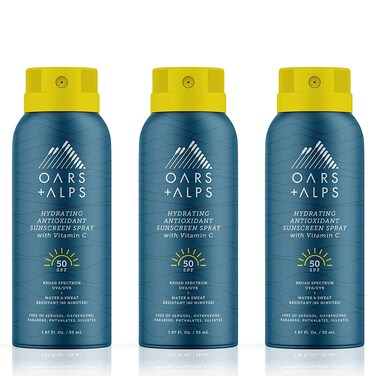 Oars  Alps Hydrating SPF 50 Sunscreen Spray Infused with Vitamin C and Antioxidants Water and Sweat Resistant TSA Friendly 187 Oz Each 3 Pack
