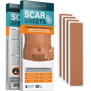 NUVADERMIS Silicone Scar Sheets Extra Long MedicalGrade Scar Sheets for CSection Tummy Tuck Keloid and Surgical Scars Reusable and Effective Pack of 4 Medium Tone