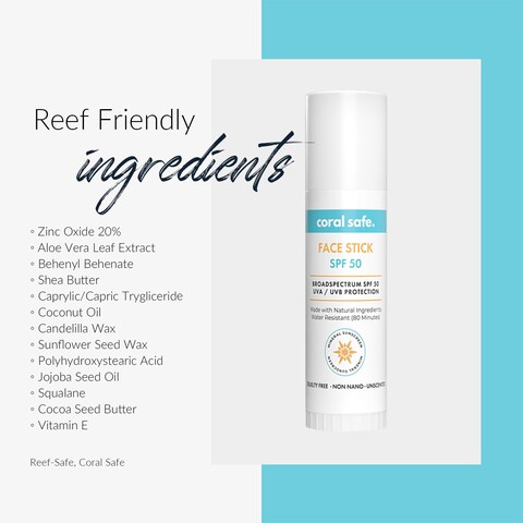 Reef Safe Sunscreen SPF 50 Facestick  Biodegradable Hawaii  Mexico Approve Zinc Vitamin E Oxybenzone  Octinoxate Free Water Resistant Natural Ingredients Made in USA by Coral Safe
