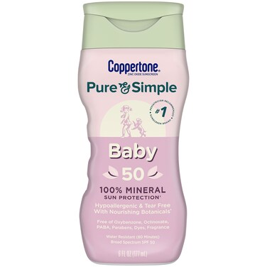 Coppertone Pure and Simple Baby Sunscreen SPF 50 Lotion Zinc Oxide Mineral Sunscreen for Babies Tear Free Water Resistant Broad Spectrum SPF 50 Sunscreen 6 Fl Oz Bottle