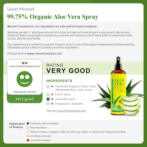 Seven Minerals Organic Aloe Vera Spray for Body  Hair  From Freshly Cut Aloe Plant Extra Strong Easy to Apply No Thickeners So It Absorbs Rapidly No Sticky Residue  Made in USA Big 12 fl oz