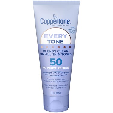 Coppertone Every Tone Sunscreen Lotion SPF 50 Lightweight Rubs on Clear Sunscreen for All Skin Tones Formulated with Nourishing Vitamin E 7 Fl Oz Tube