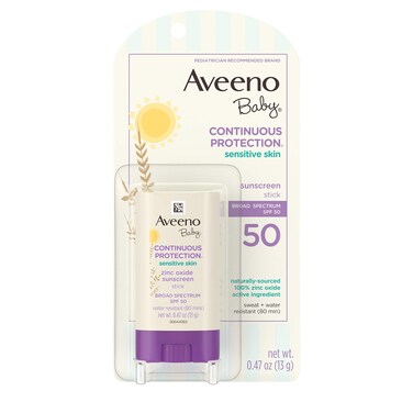Aveeno Baby Continuous Protection Mineral Sunscreen Stick for Sensitive Skin with Broad Spectrum SPF 50 Protection for Face  Body Naturally Sourced 100 Zinc Oxide Travel Size 047 oz