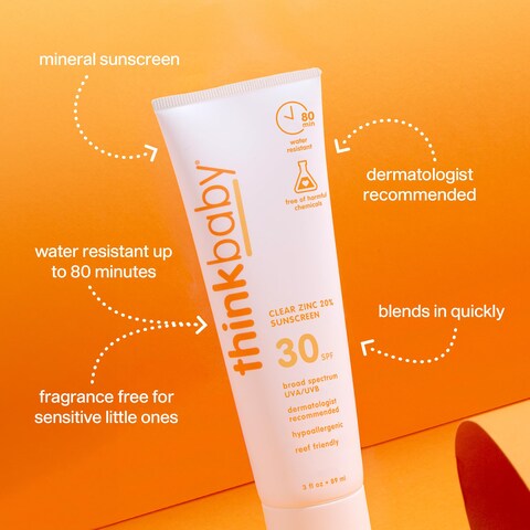 Thinkbaby Mineral Sunscreen SPF 30 Clear Zinc Oxide Baby Sunscreen 3 Fl Oz Natural Water Resistant Reef Safe Sunscreen Broad Spectrum UVAUVB Sun Screen for Sun Protection Travel Size