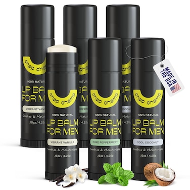 Lip Balm for Men  All Natural Mens Chapstick  Mens Lip Balm  Contains Vitamin E and Beeswax  Chapstick for Men  Peppermint Coconut  Vanilla Lip Balm  Lip Balm Men 6 pack