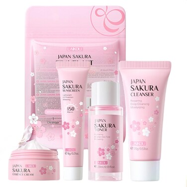 Sakura Travel Skincare Set for Teenage Girls  Face Routine Set for Women4 Piece Gentle Skin Cleaning  Care Travel Size Kit With Cleanser Toner sunscreen and Face Cream