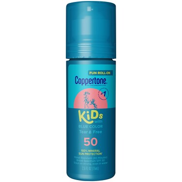 CoppertoneKids Roll On Sunscreen Lotion SPF 50 Kids Sunscreen with Blue Color Tear Free Sunscreen with Zinc Oxide Sun Protection 25 Fl Oz Tube