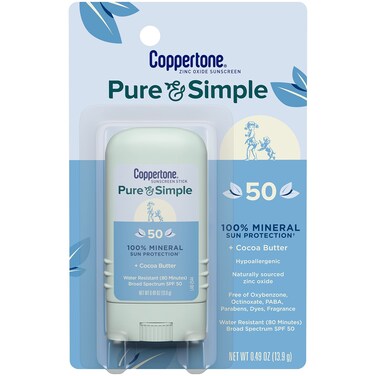 Coppertone Pure and Simple Zinc Oxide Mineral Sunscreen Stick SPF 50 Face Sunscreen Stick Water Resistant Broad Spectrum SPF 50 Sunscreen for Sensitive Skin 049 Oz Stick
