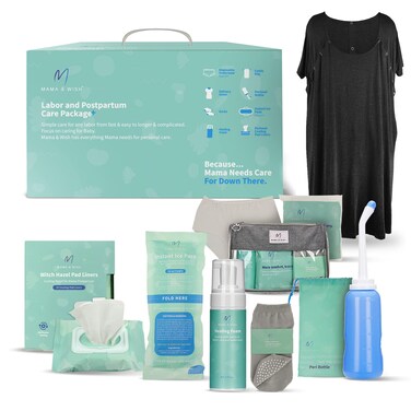 Postpartum Care Kit for Mom 14Piece  Includes Labor and Delivery Gown Peri Bottle Witch Hazel Foam Pad Liners  More with Hospital Essentials for Women After Birth