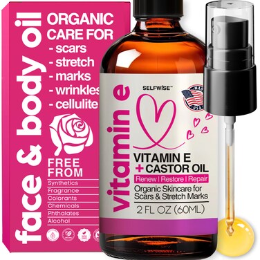 Organic Vitamin E Oil for Scars Stretch Marks Removal Wrinkles  Cellulite  Scar Away Treatment Bio Oil with Castor Rosehip Jojoba Almond  Hydrating  Moisturizing Skincare  Face  Body Oil