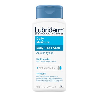 LubridermDaily Moisture Body  Face Wash Hydrating Body Wash  Moisturizing Facial Cleanser with ProCeramide  Shea Butter to Gently Cleanse Light Fragrance  Hypoallergenic 16 fl oz