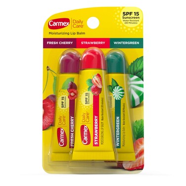 CarmexDaily Care Moisturizing Lip Balm Pack Lip Balm With Sunscreen in Fresh Cherry Strawberry and Wintergreen 035 Ounce Pack of 3
