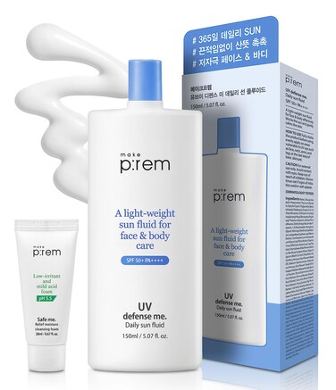 MAKEPREM Defense Me Daily Vegan Sun Fluid Nongreasy Calming Hydrating SPF 50PA Sunblock Reefsafe UV Broad Protection Sunscreen Blue Ray Sensitive AcneProne Oily Skin Face Body Korean Skincare