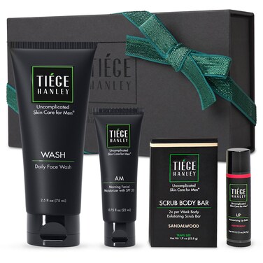 Tiege Hanley Mens Skin Care Gift Box Set Bronze  Mens Skincare Set Includes Face Wash Facial Moisturizer with SPF 20 Sunscreen Body Exfoliating Scrub Bar  Moisturizing Lip Balm