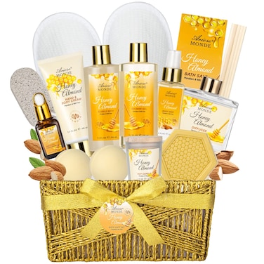 Bath  Body Gift Set Luxury Home Spa Bath Gift Basket Honey Almond Scented Bath Set Pamper Gifts for Women  Teens 15 Pcs Relaxing Home Spa Kit with Bubble Bath Bath Salts Body Lotion