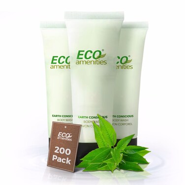 ECO Amenities Travel Size 1oz Body Wash BULK 200 Pack  30ml Bulk Hotel Body Wash Supplies for Guests  Green Tea Scent Eco body wash for woman Body wash for men Biodegradable Container