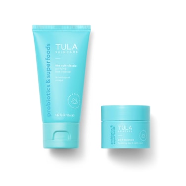 TULA Skincare Glazed in Glow Cleansing  Hydrating Duo  Includes Travel Sized 247 Moisture Hydrating Day  Night Cream and Cult Classic Purifying Face Cleanser 2piece set