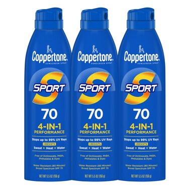 Coppertone SPORT Sunscreen Spray SPF 70 Water Resistant Sunscreen Broad Spectrum SPF 70 Sunscreen Bulk Sunscreen Pack 55 Oz Spray Pack of 3