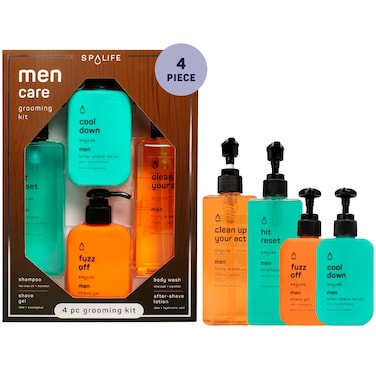 SpaLife Mens Hair  Body Care 4Piece Set  Body Wash Shave Gel AfterShave Gel Shampoo  Mens Skincare  AfterShave Lotion for Men  Gift Set  Gifts for Men  Gifts for Guys