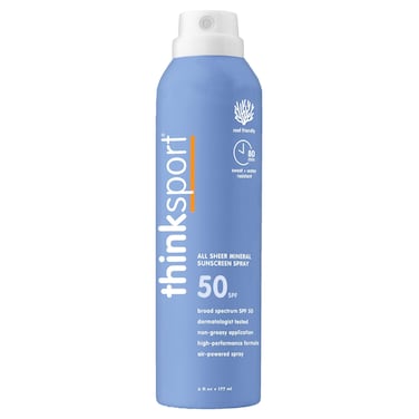 Thinksport Spray Sunscreen All Sheer SPF 50 Zinc Oxide Mineral Sunscreen 6 Fl Oz Natural Water Resistant Reef Safe Sunscreen Broad Spectrum UVAUVB Sun Block for Sun Protection Vegan