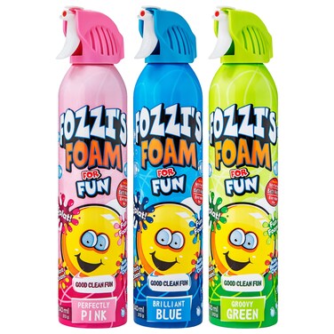 Fozzis Bath Soap Foam Aerosol for Kids Perfectly Pink Brilliant Blue Groovy GreenGood Clean Fun 11O4 oz x 3