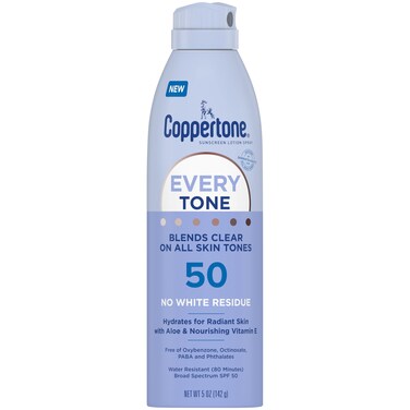 Coppertone Every Tone Sunscreen Spray SPF 50 Lightweight Blends in Clear Sunscreen for All Skin Tones Formulated with Nourishing Vitamin E 5 Oz Bottle