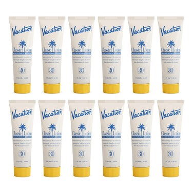 Vacation Mini Classic Lotion SPF 30 Water Resistant Broad Spectrum Bulk Sunscreen Travel Size Bachelorette Party Favors Beach Essential 1 fl oz Pack of 12