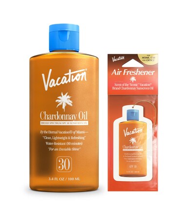 Vacation Chardonnay Oil SPF 30  Air Freshener Bundle Vegan Suntan Oil with Broad Spectrum SPF Oxybenzone  Octinoxate Free Sunscreen Tanning Oil TSA Friendly Travel Size 34 fl Oz