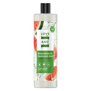 Love Beauty and Planet PlantBased Body Wash Hydrate and Restore Skin Watermelon and Hyaluronic Acid Made with PlantBased Cleansers and Skin Care Ingredients 100 Biodegradable 20 fl oz