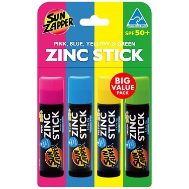Sun Zapper Zinc Oxide Mineral Sunscreen Stick Pink Blue Green Yellow SPF 50 Water Resistant for Face  Body Adults Kids 4Pack Broad Spectrum Sun Block Made in Australia