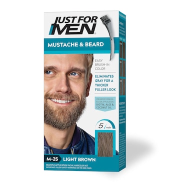 Just For Men Mustache  Beard Beard Dye for Men with Brush Included for Easy Application With Biotin Aloe and Coconut Oil for Healthy Facial Hair  Light Brown M25 Pack of 1