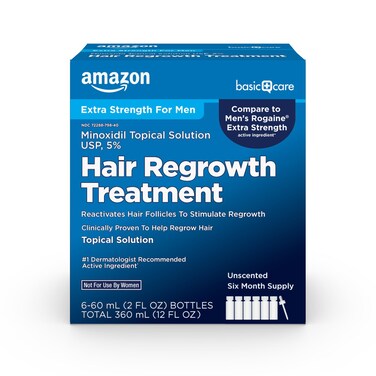 Amazon Basic Care Extra Strength Hair Regrowth Treatment for Men Minoxidil Topical Solution USP 5 6 Month Supply Unscented 2 fl oz Pack of 6