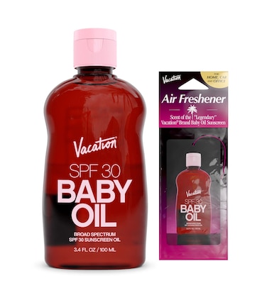 Vacation Baby Oil SPF 30  Air Freshener Bundle Broad Spectrum SPF 30 Sunscreen Oil Vegan Suntan Oil with Broad Spectrum SPF Sunscreen Tanning Oil TSA Friendly Travel Size 34 fl oz
