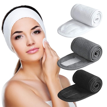 Denfany Spa Headband 3 Pack Ultra Soft Adjustable Face Wash Headband Terry Cloth Stretch Make Up Wrap for Face Washing Shower Facial Mask Yoga Black  White  Grey