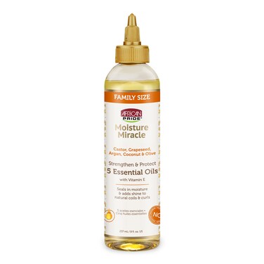 African PrideMoisture Miracle 5 Essential Hair Oils  Contains Castor Grapeseed Argan Coconut  Olive Oil Seals in Moisture  Adds Shine to Hair Vitamin E 8 oz