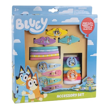 Luv Her Bluey Girls 20 Piece Accessory Set with 3 Barrettes 4 Snap Hair Clips 5 Elastics and 8 Terry Ponies Ages 3