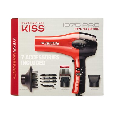 KISS 1875 Watt Pro Tourmaline Ceramic Hair Dryer Styling Edition 3 Heat Settings 2 Speed Settings Cool Shot Button 7 Blow Dryer Accessories Included 2Year Warranty  Red